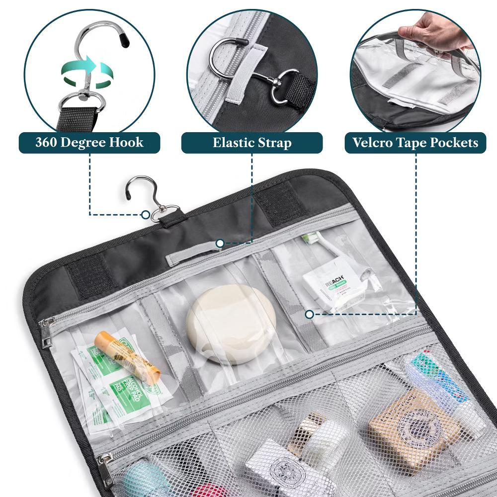 Hanging Toiletry Bag Women Men, Travel Kit Foldable Waterproof Organizer, Roll up Cosmetics Makeup Essentials Jewelry Case - Image 6