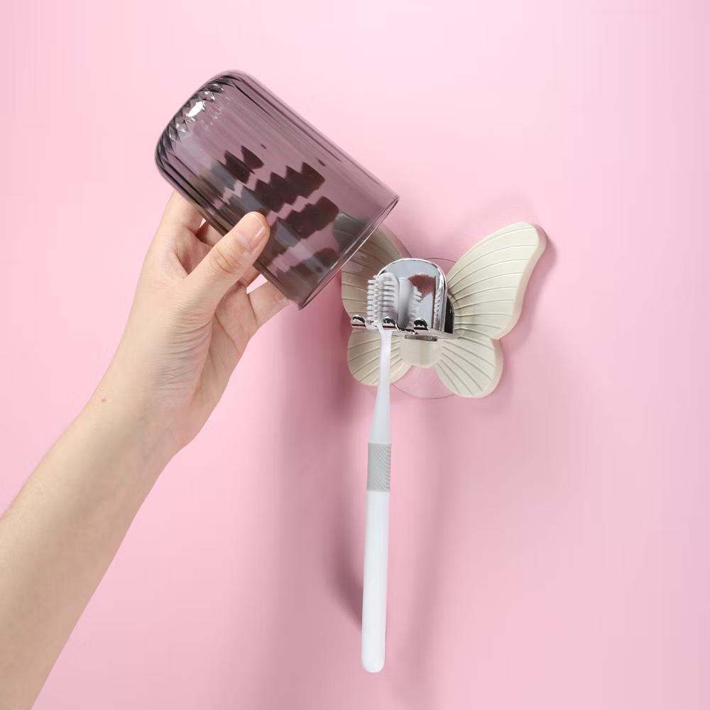 Bathrooms Wall Mounted Butterfly Shape Toothbrush Holder with Cup Beige 4.33"x3.35" 1 Set - Image 5