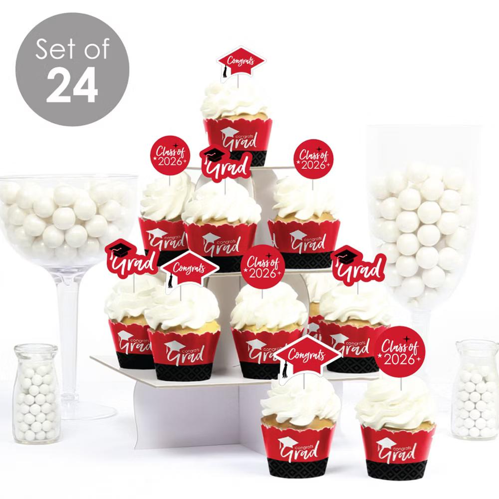 2026 Red Graduation Cupcake Decoration - Party Cupcake Wrappers and Treat Picks Kit - Set of 24 - Image 3