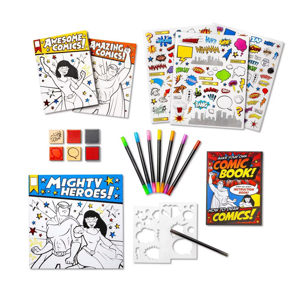 Create-Your-Own Superhero Comic Books Kit - DIY Art Kit for Designing Superhero Comics, Includes Markers & Stickers - Image 2
