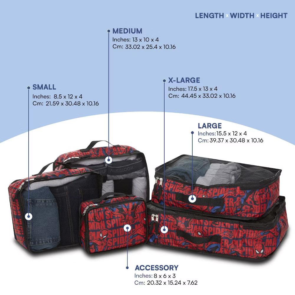 Spiderman 5-Piece Packing Cube Set - 5 Piece Packing Cube Travel Essential - Luggage Organizer Set - For Kids,Teens, Adults - Image 2