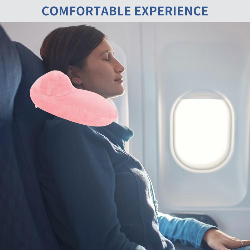 Neck Pillow W/ Storage Bag Eye Mask for Airplane Train Office Inflatable Travel Pillow Pink 1 Set - Image 6
