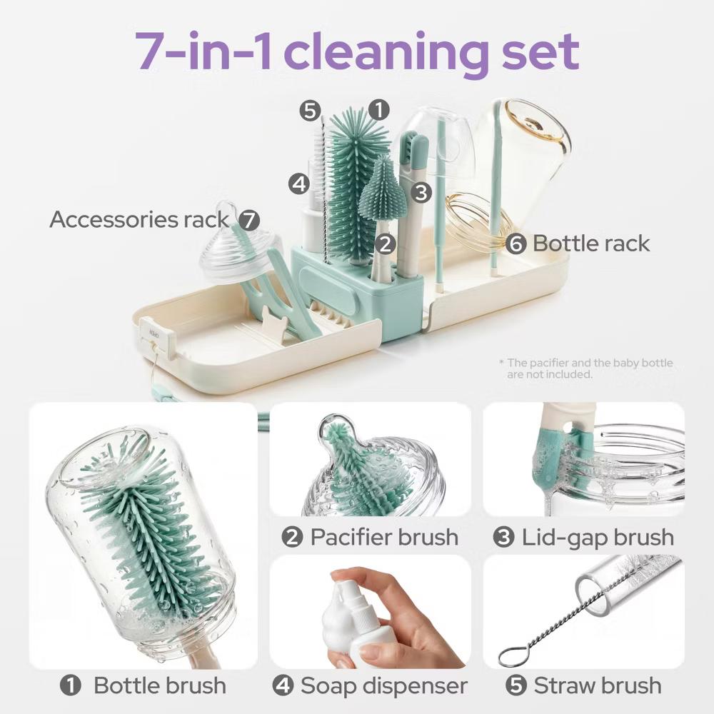 lalalark Baby Bottle Brush Set, 7-in-1 Baby Bottle Cleaner Kit with Silicone Brush, Nipple Brush,Soap Dispenser & Drying Rack, Baby Travel Essential - Image 3