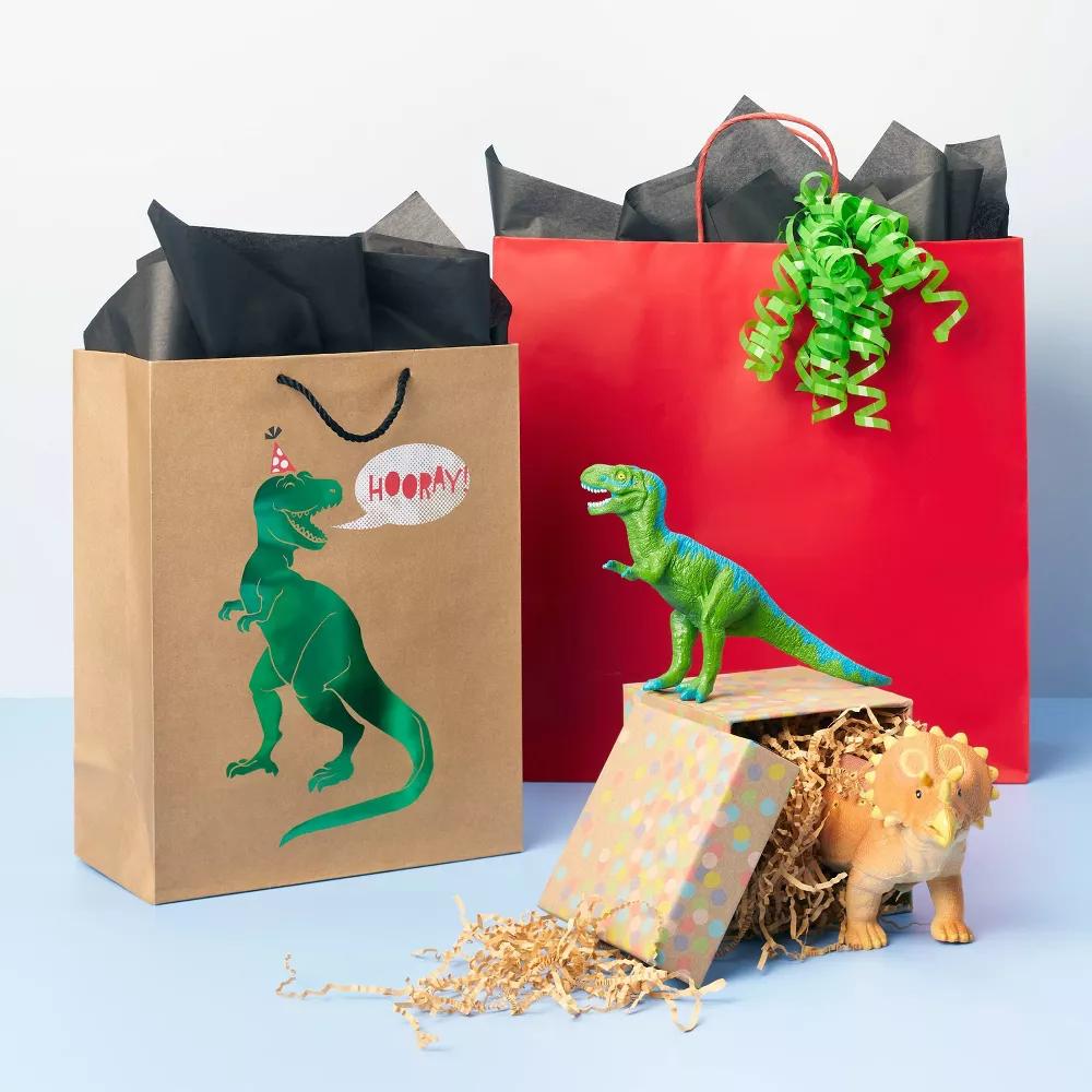 Medium Gift Bag Birthday T-Rex Hooray - Dinosaur Party Bag, Multicolor, 12.75" 10" 5" - Image 2