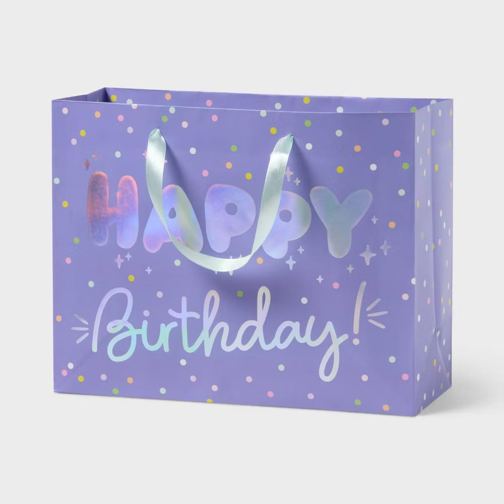 Medium Holographic Foil 'Happy Birthday' Gift Bag Purple