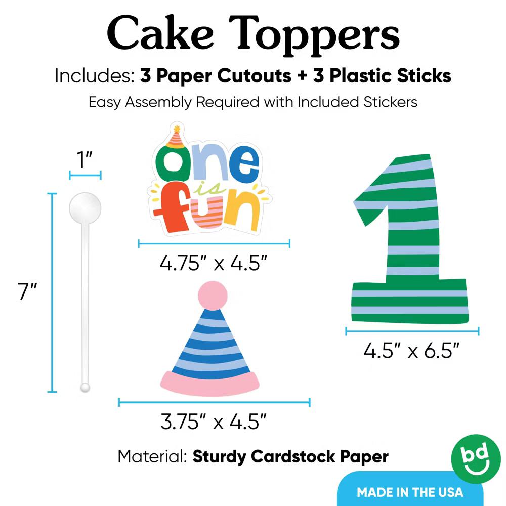 One is Fun 1st Birthday Cake Topper Set, Colorful Smash Cake Dessert Decorations, First Birthday Party Supplies – 3 Count - Image 3