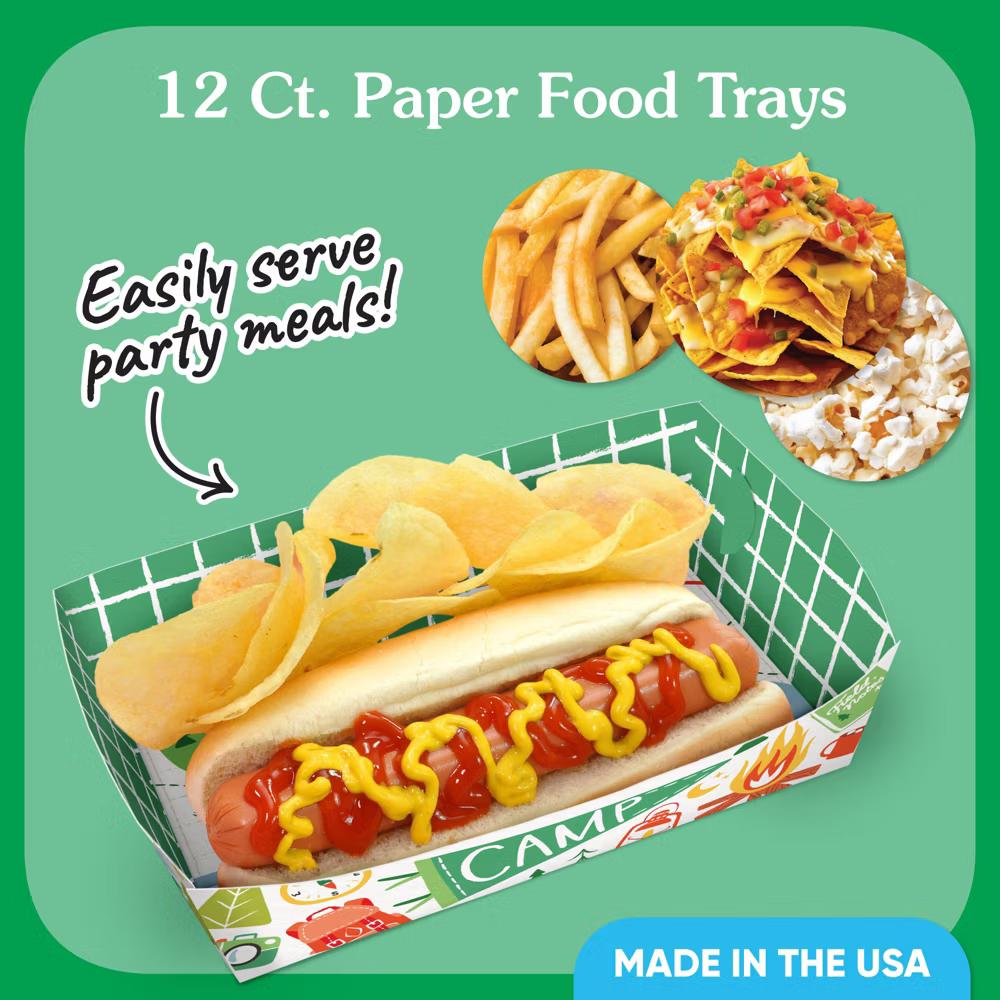 Camping Paper Food Trays, Disposable Food Boats for Happy Camper Kids Birthday Party, Double-Sided Meal Holders - 12 Ct - Image 4