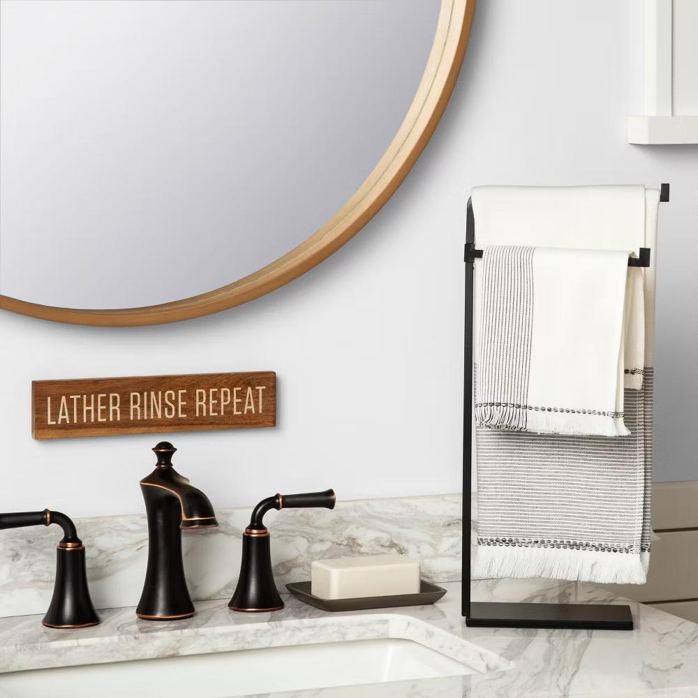Metal Hand Towel Stand Matte Black - with Magnolia: Compact Bathroom Organizer - Image 2