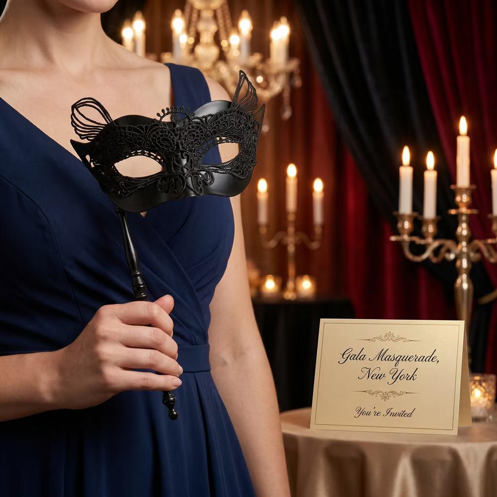 Handheld Masquerade Molded Venetian Plastic Eye Mask with Stick - Image 25