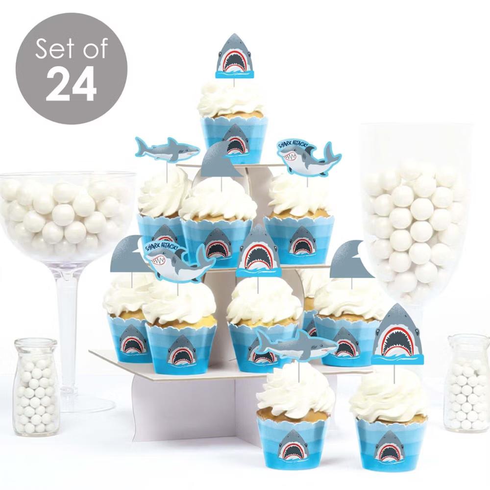 Shark Zone - Cupcake Decor - Jawsome Party or Birthday Party Cupcake Wrappers and Treat Picks Kit - Set of 24 - Image 2
