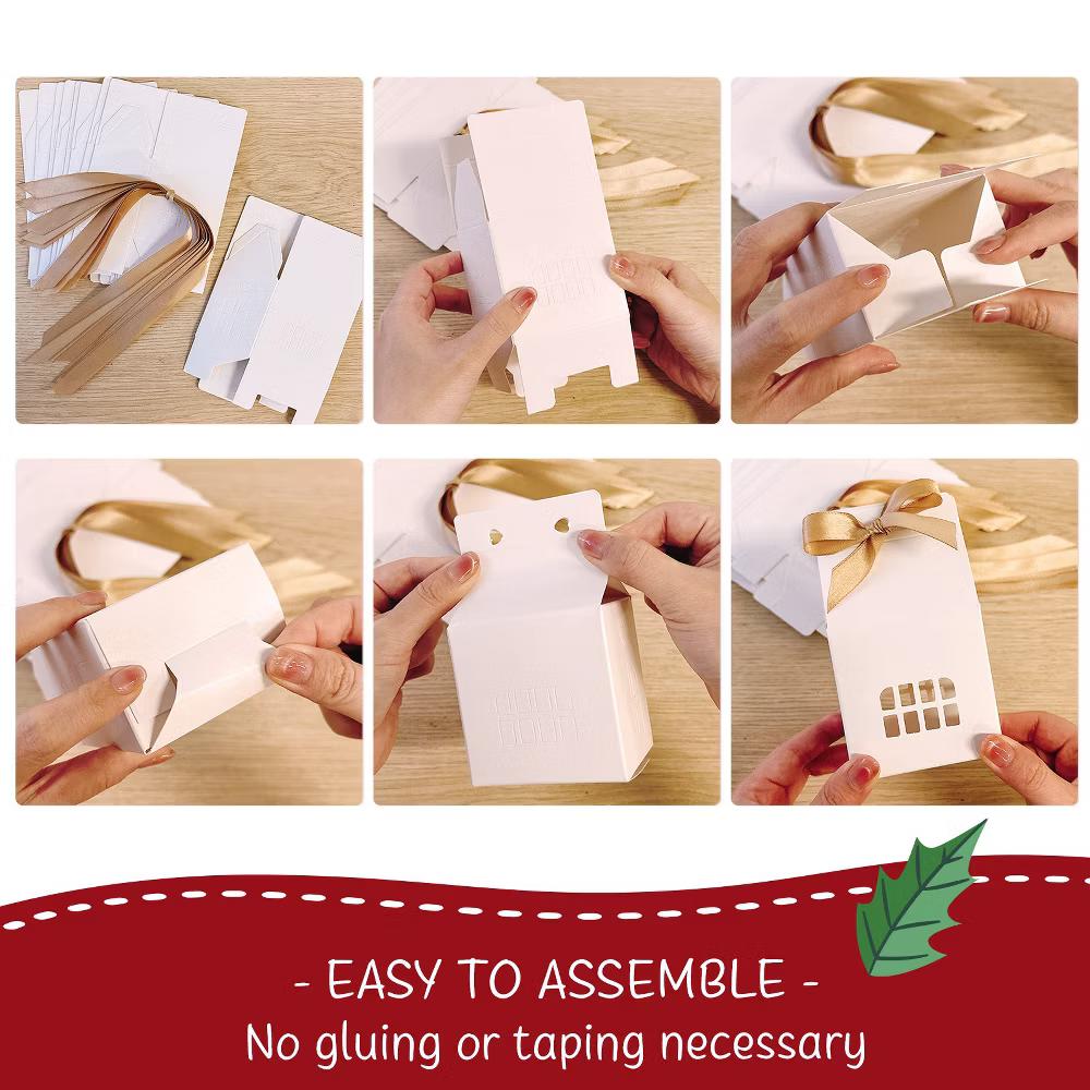 Christmas House Shaped Gift Boxes with Ribbons for Weddings, Housewarming, Cookies, Candies, Treats, Party Favors (Set of 12), White - Image 5