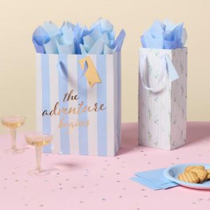 Large Striped "The Adventure Begins" Gift Bag with Tag Blue /Ivory /Gold