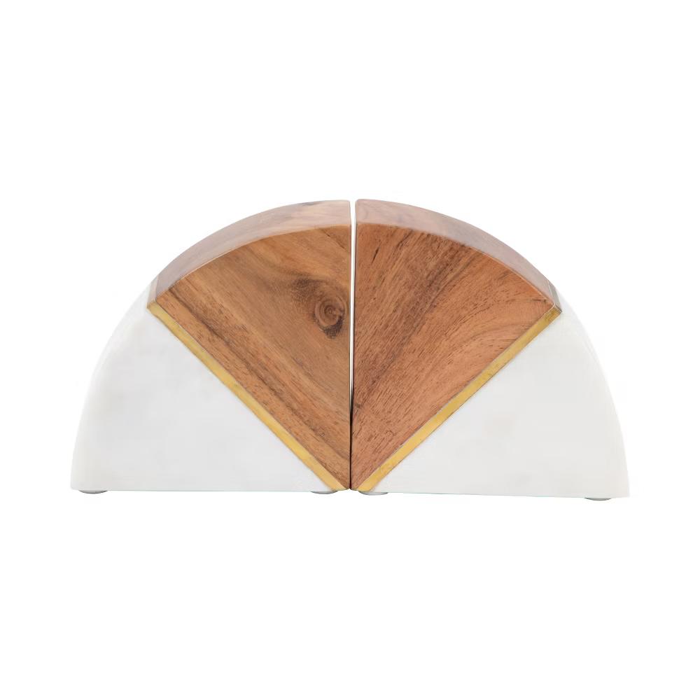 Stylish Curved Marble Book Ends with Wood Accent - Modern Bookend for Home Library, Desk, or Coffee Table Decor - Set of 2, 5", White & Brown - Image 5