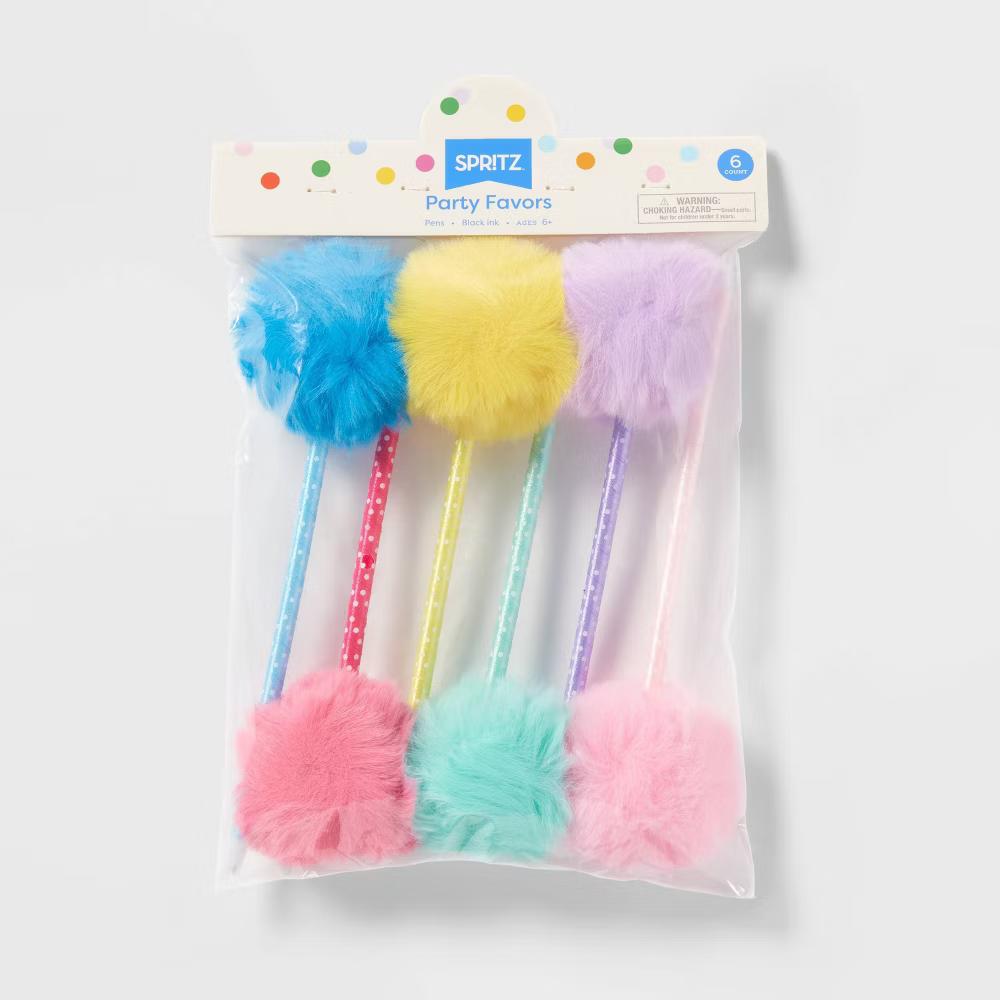 6ct Puff Party Favor Pens - Fluffy Multicolor Princess Theme, Birthday & All Occasions, Ages 6