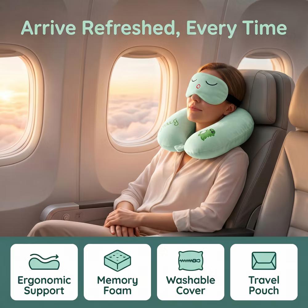 U‑Shape Memory Foam Travel Pillow Set with Decor Embroidery and Eye Mask 1Pc - Image 2