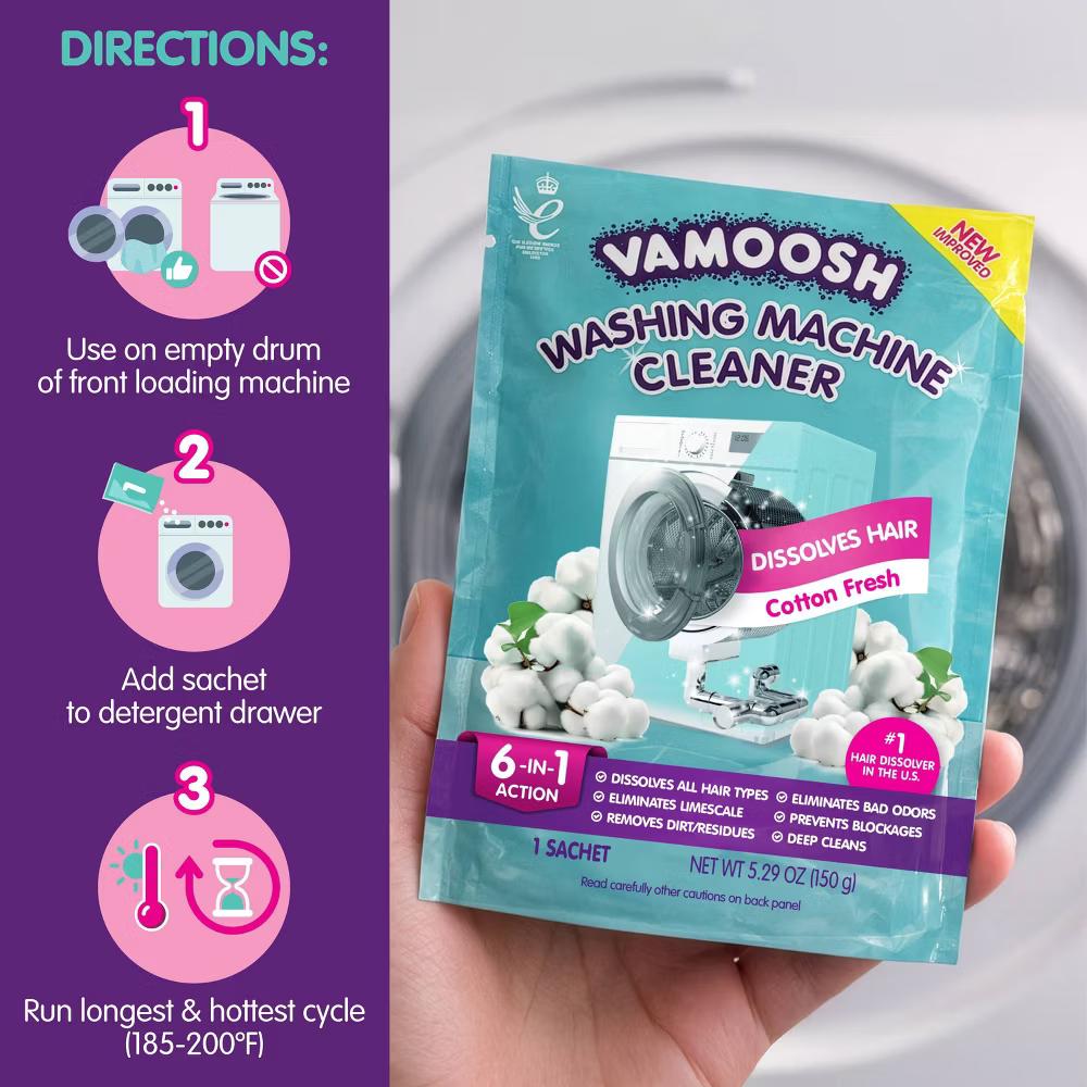 Vamoosh Washing Machine Cleaner with Hair Dissolver Detergent Boosters Cotton Fresh - 5.29oz: Paraben-Free, Powder Form, Pouch - Image 9