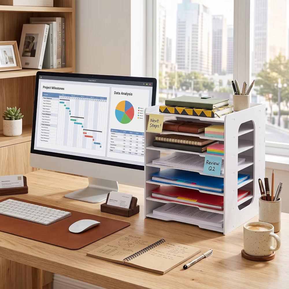 Multi-Layer Desktop File Organizer, Adjustable A4 Paper Storage Rack, Waterproof PVC Wood Plastic Board, Office Desk Folder Holder - Image 20