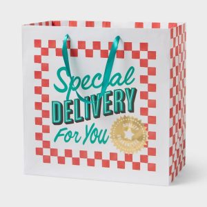 Large Square 'Special Delivery For You' Pizza Box Birthday Gift Bag White/Red/Green