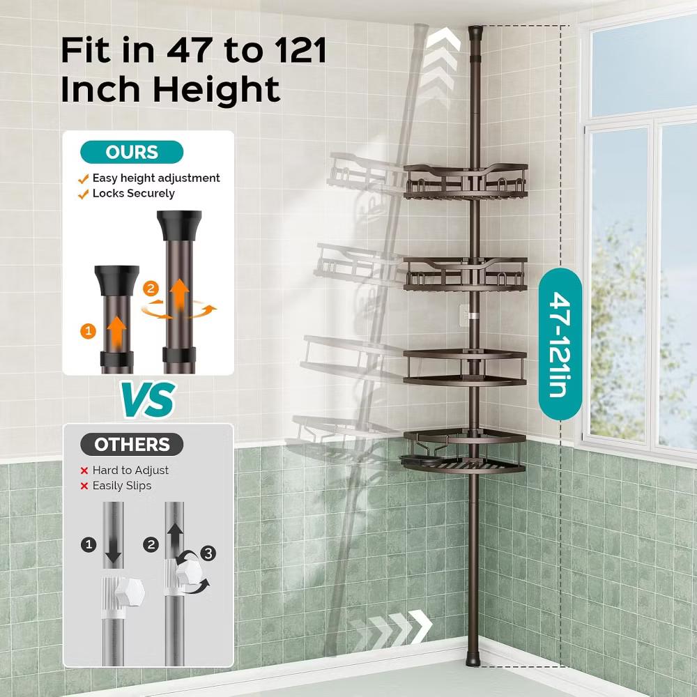 Corner Shower Caddy Tension Pole: Rustproof Stable 4-Tier Bathroom Organizer Shelves for Bathtub Shampoo Storage - Image 5