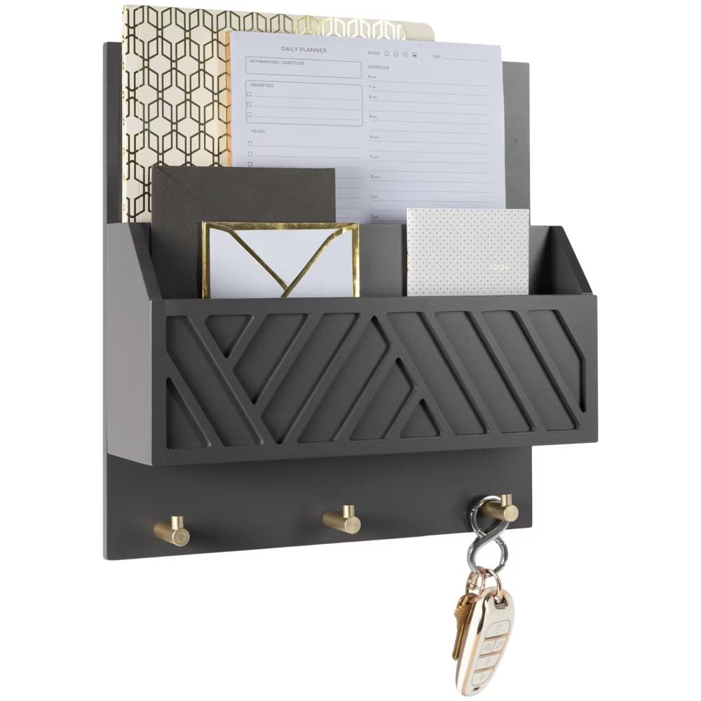 Wall Mounted Mail Organizer with 2 Slots and 3 Hooks – Multiple Finishes – MDF Wood - Image 9