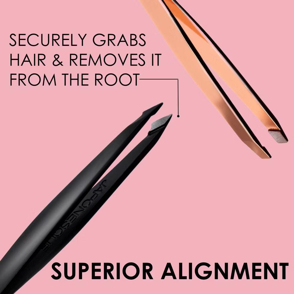 JAPONESQUE Pointed-Slant & Slant Tweezers - Rose Gold: Stainless Steel Beauty Tools, Non-Toxic, 2-Piece Set - Image 2