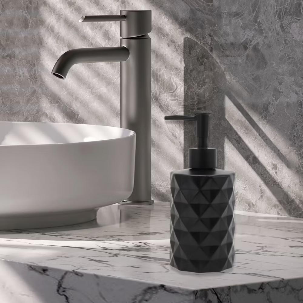 Round Bottom Diamond Pattern Soap Dispenser 13.53oz Black 1 Pc - Image 4