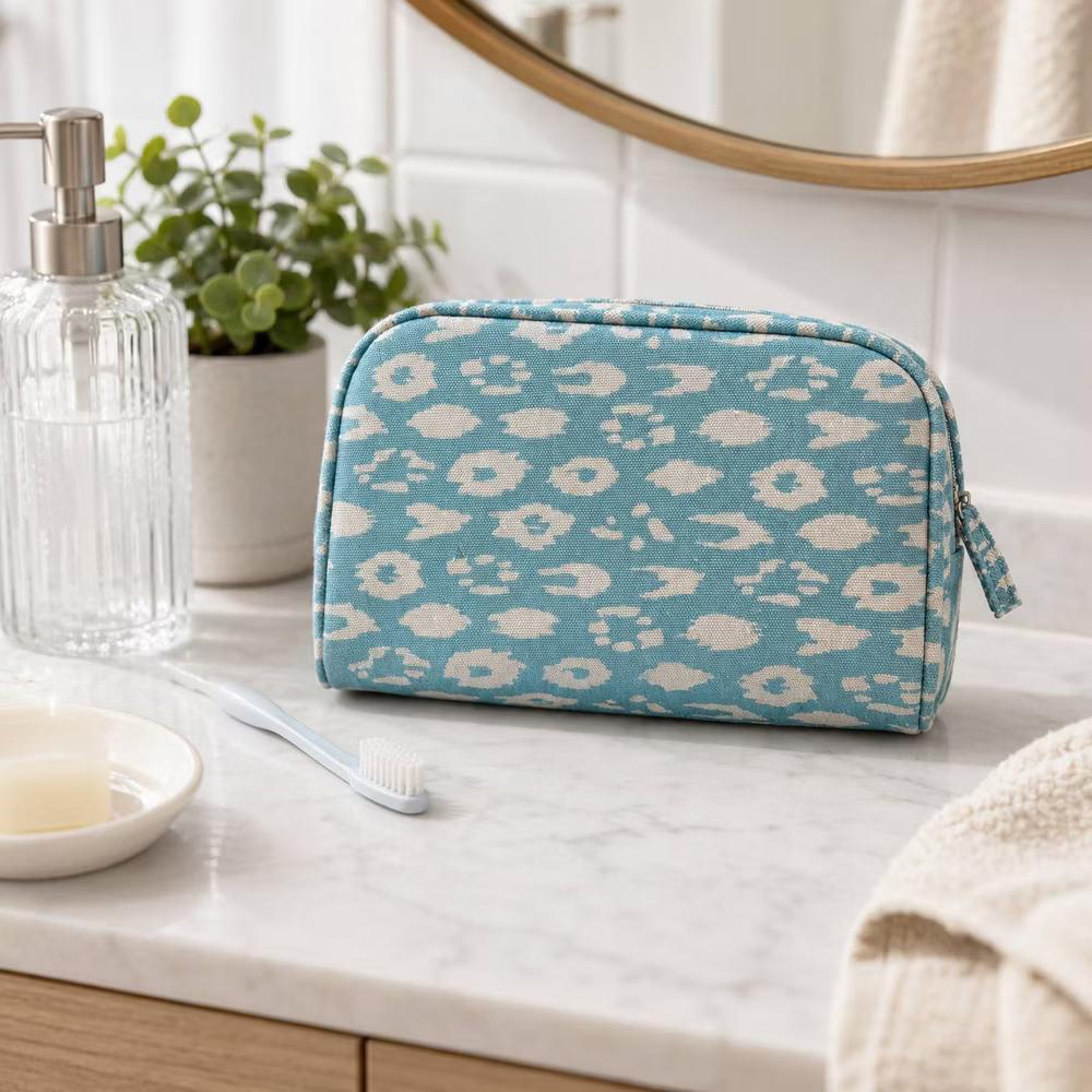 Gartner Studios Double Zip Canvas Leopard Print Blue Pencil Pouch
