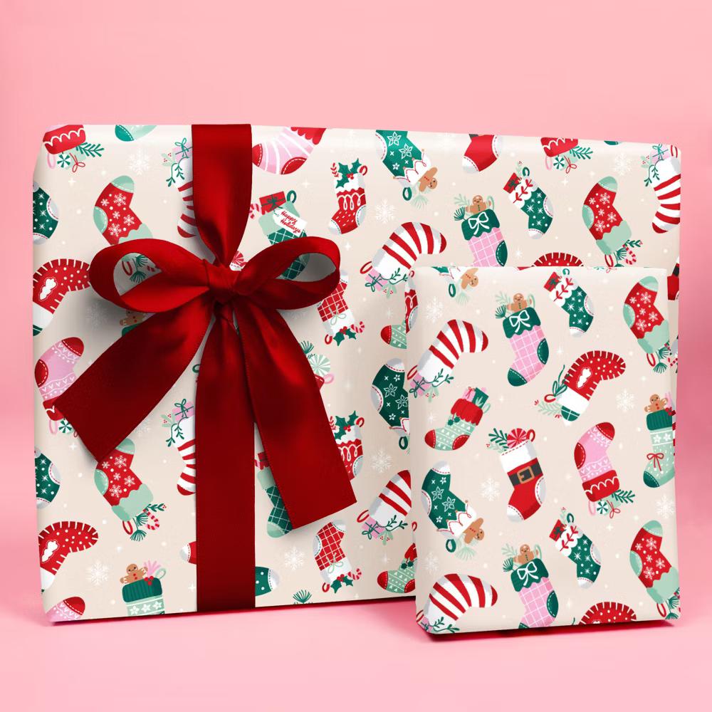 Christmas Stockings Wrapping Paper, Personalized Winter Holiday Party Gift Wrap, Christmas Socks Gift Paper, 24 in 7 ft, 1 Roll - Image 4