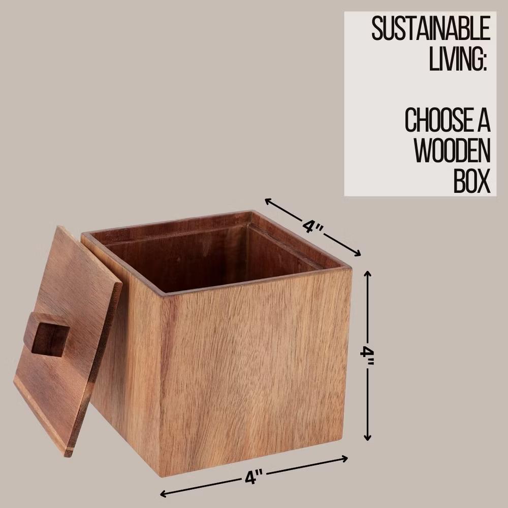 Square Acacia Wood Storage Box with Lid - Image 3