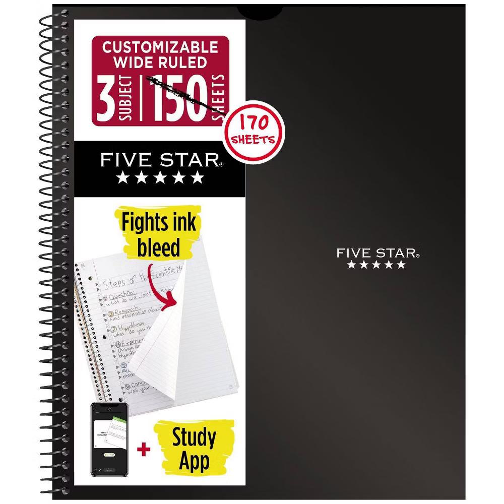 Five Star 170 Sheets 3 Subject Wide Ruled Customizable Notebook Feature Rich Black: Spiral, 8x10.5", Perforated, SFI Certified - Image 7