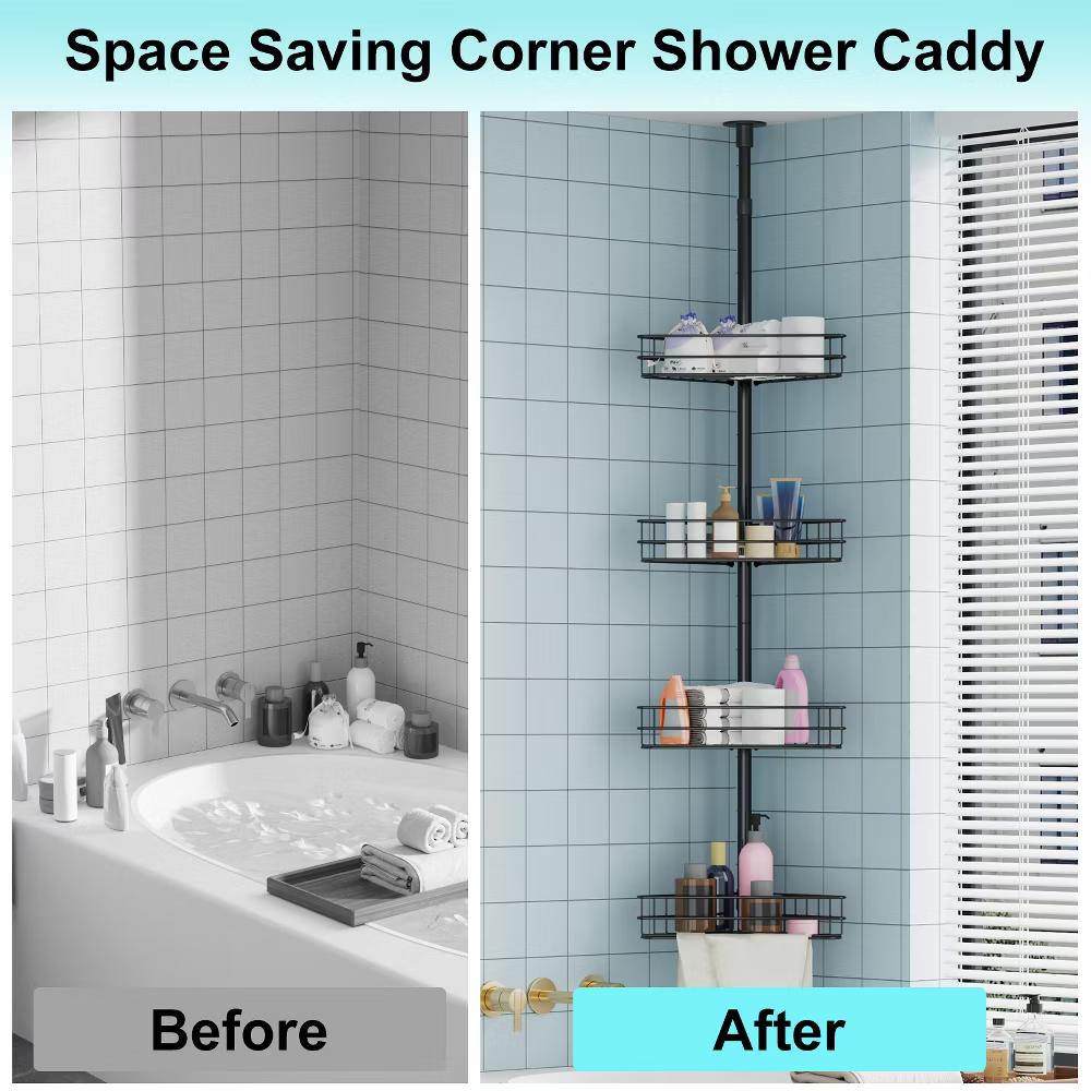 Tension Pole Shower Caddy, Corner Shower Caddies with 4 Baskets and Towel Bars, Rustproof Bathroom Shower Organizer Adjustable 98-110 Inch - Image 5