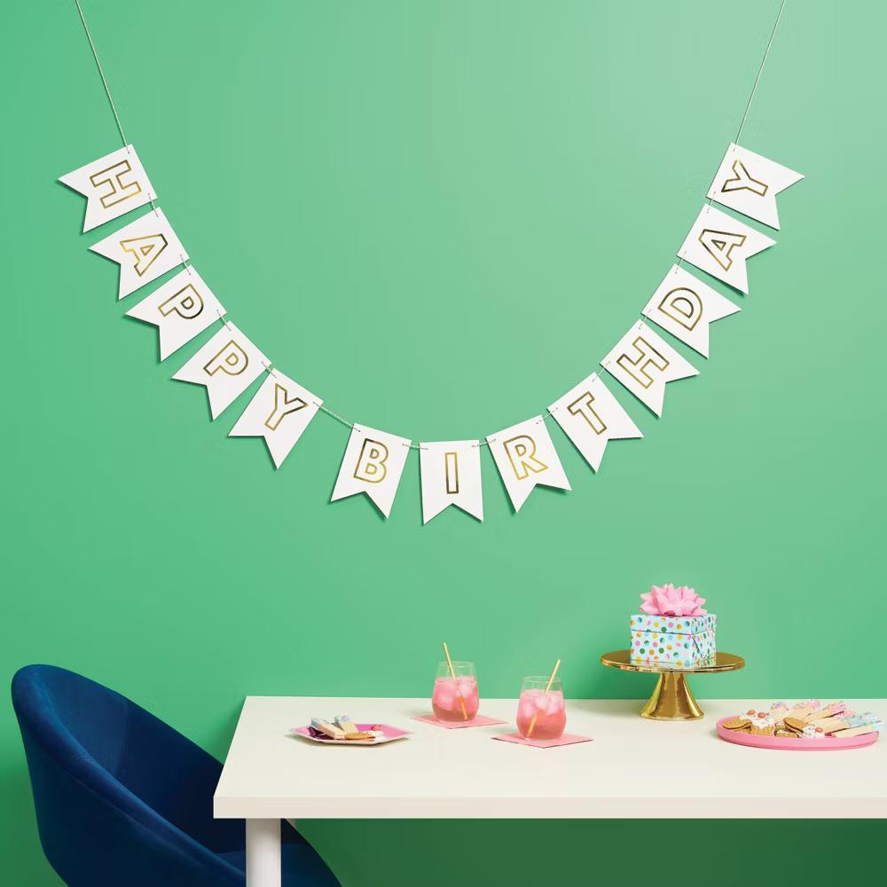 "Happy Birthday" Party Banner White/Gold