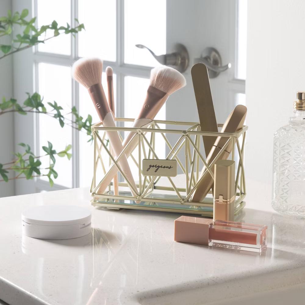 3 Compartment Cosmetic Brush and Pencil Organizer Gold - Steel Bathroom Storage Tray, Spot Clean - Image 2
