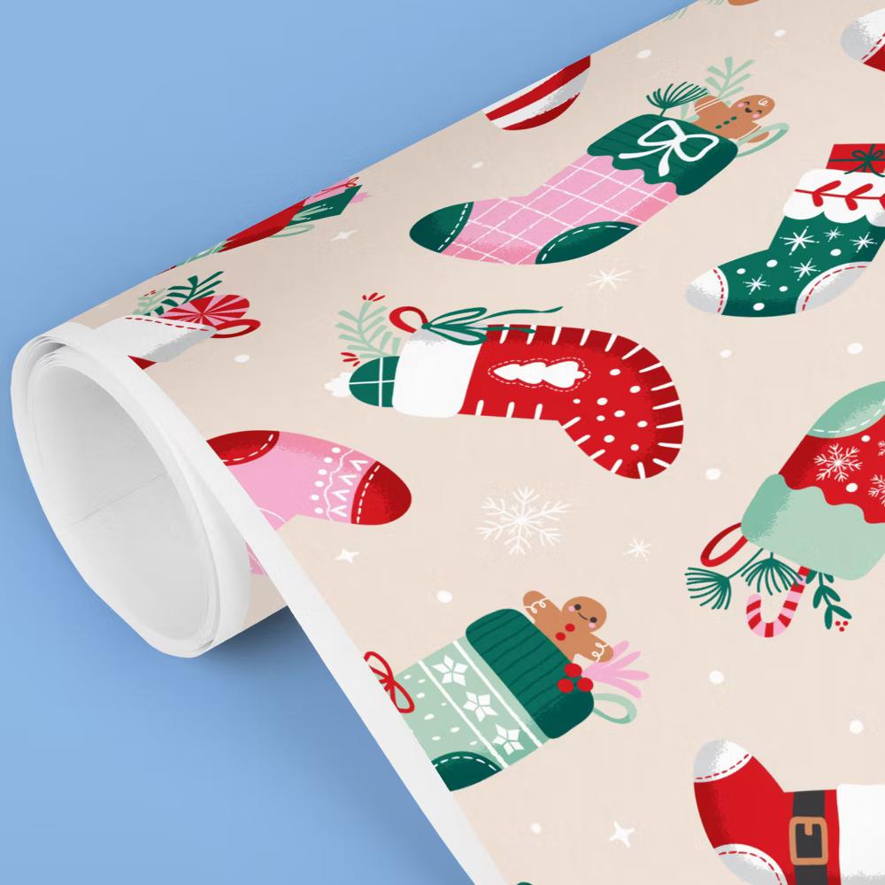 Christmas Stockings Wrapping Paper, Personalized Winter Holiday Party Gift Wrap, Christmas Socks Gift Paper, 24 in 7 ft, 1 Roll - Image 3