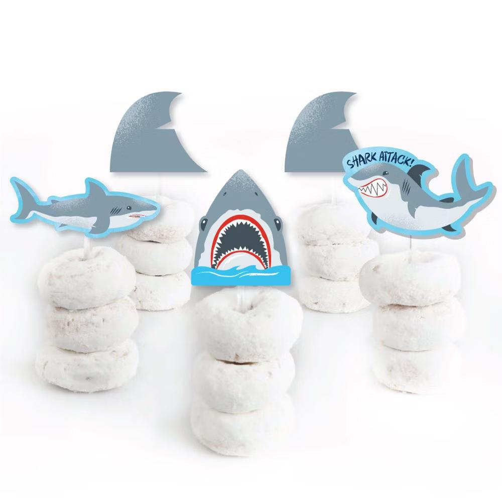 Shark Zone - Dessert Cupcake Toppers - Jawsome Party or Birthday Party Clear Treat Picks - Set of 24