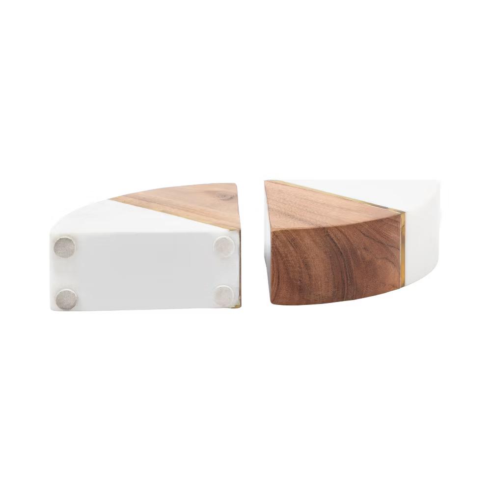 Stylish Curved Marble Book Ends with Wood Accent - Modern Bookend for Home Library, Desk, or Coffee Table Decor - Set of 2, 5", White & Brown - Image 8