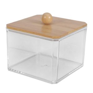 Square Bamboo Cover Acrylic Cotton Swab Holder Bathroom Transparent Wood-Tone 1 Pc