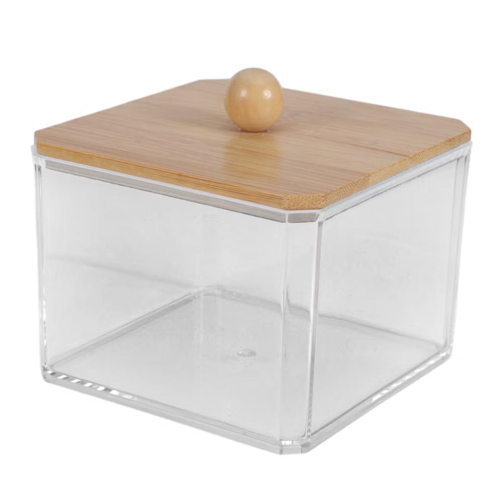 Square Bamboo Cover Acrylic Cotton Swab Holder Bathroom Transparent Wood-Tone 1 Pc