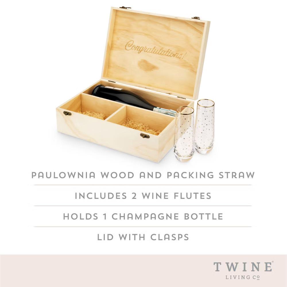 Twine Wooden Champagne Bottle Gift Box and 2 Stemless Gold Rim Champagne Flutes, Sparkling Wine Box with Lid, Packing Straw, Holds 1 Champagne Bottle - Image 7