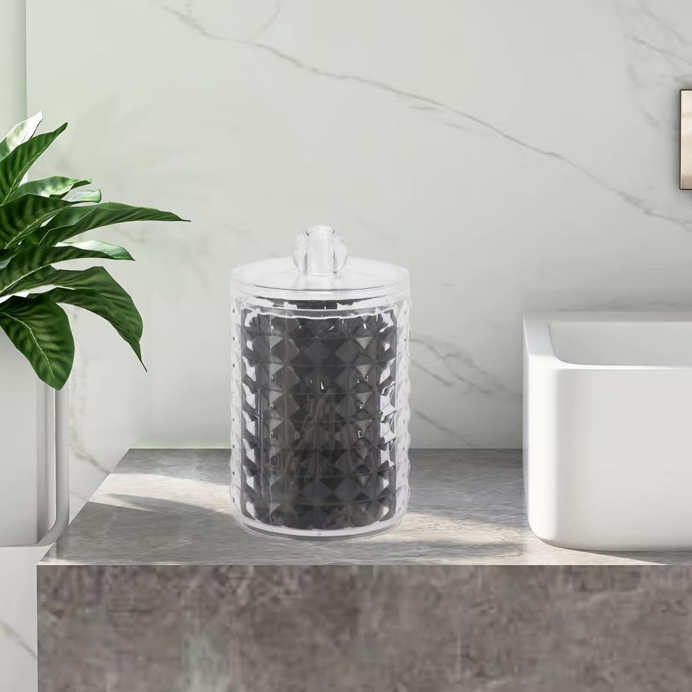Round Diamond Pattern Acrylic Cotton Swab Jar for Bathroom Clear 1 Pc - Image 2