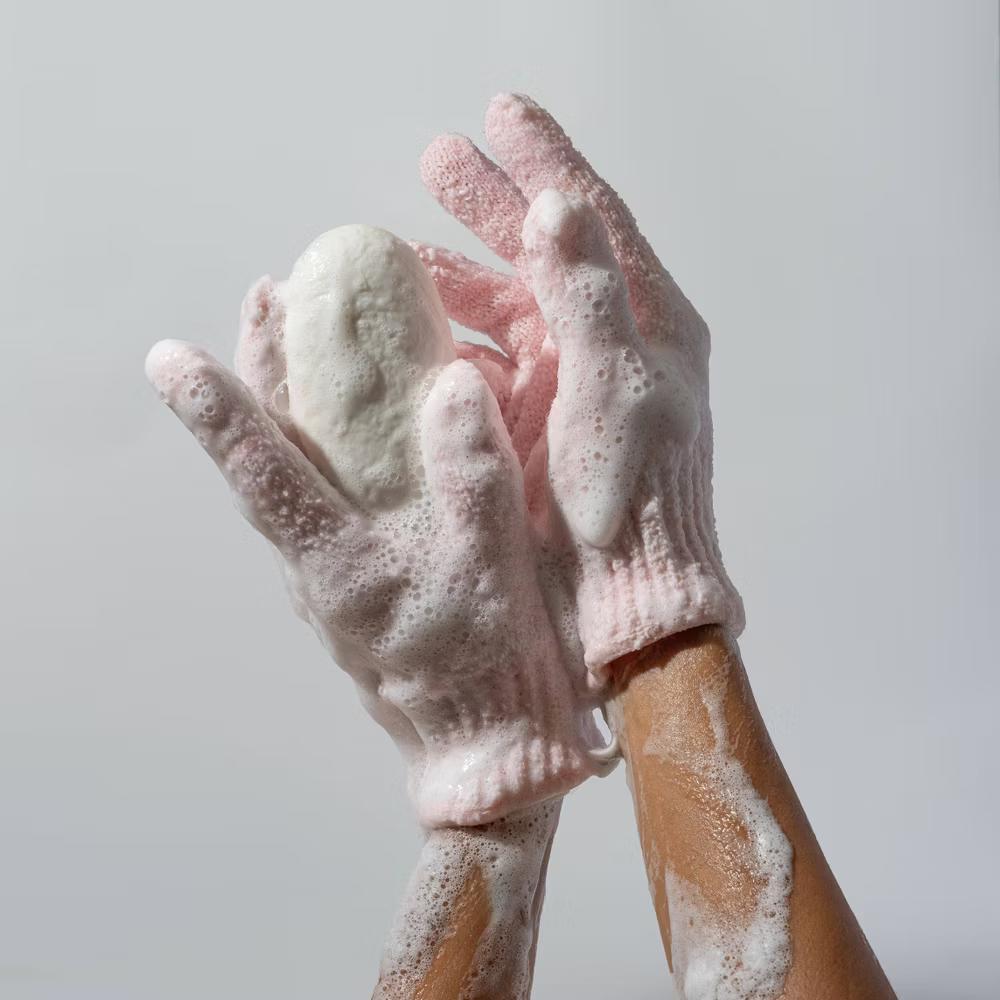 Exfoliating Bath Shower Gloves - Pink: Body Application Whole Body, 2 Pieces - Image 5