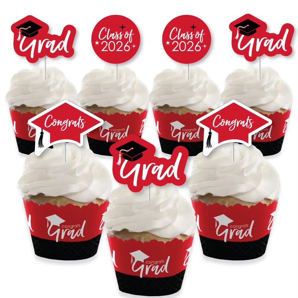 2026 Red Graduation Cupcake Decoration - Party Cupcake Wrappers and Treat Picks Kit - Set of 24 - Image 5