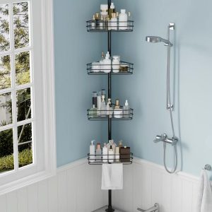 Tension Pole Shower Caddy, Corner Shower Caddies with 4 Baskets and Towel Bars, Rustproof Bathroom Shower Organizer Adjustable 98-110 Inch