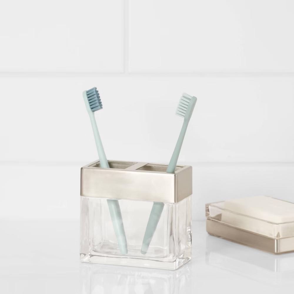 Rectangle Glass with Metal Toothbrush Holder Clear - Image 4