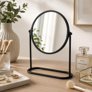 Trio Essentials Double-Sided Vanity Mirror, 1X & 5X Magnification, 360° Swivel Tabletop Makeup Mirror, Freestanding Bathroom Cosmetic Mirror, Black