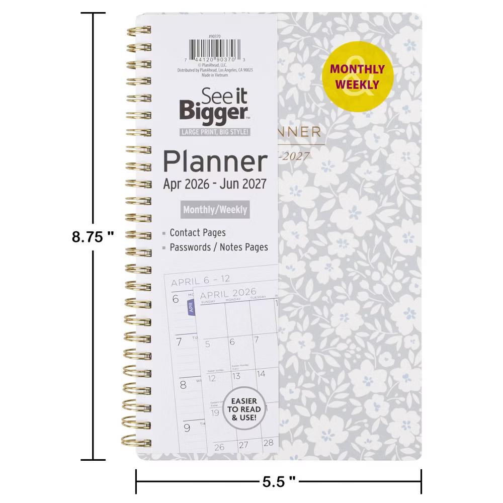 See It Bigger 5.75"x8.625" April 2026 - June 2027 Monthly/Weekly Planner Gray Floral - Image 7