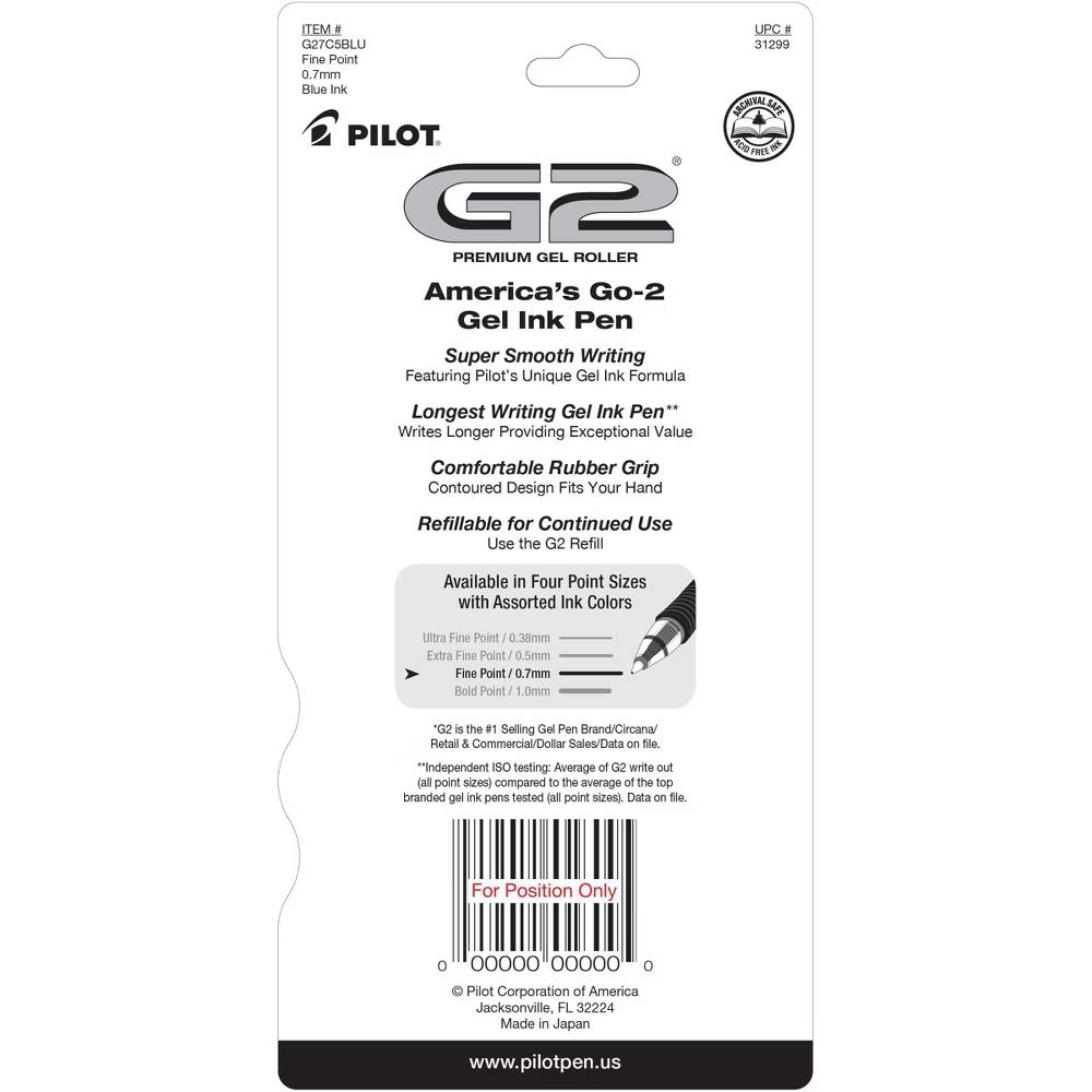 5pk G2 Gel Pens Fine Point 0.7mm Blue Ink