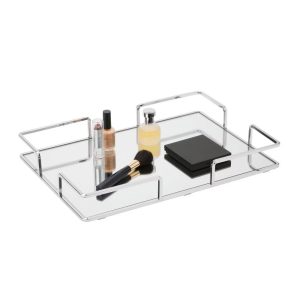 Modern Square Design Bathroom Tray Chrome: Microfiber, Machine Washable, Non-Slip Backing