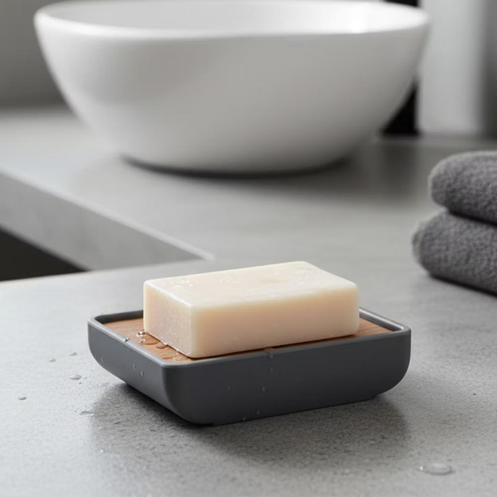 French Home Goods Minimalist Hand Soap Dish Rubber and Wood - Image 18