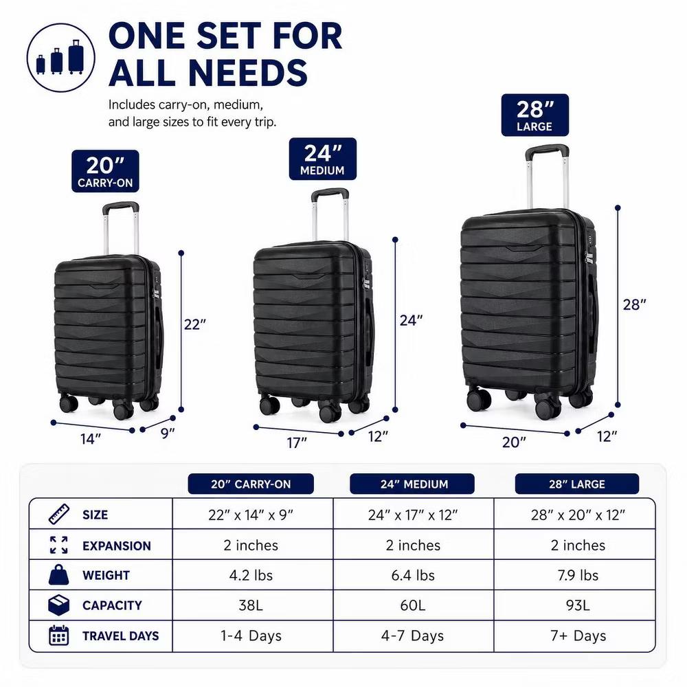 3-Piece Hardshell Expandable Luggage Set with 8 Spinner Wheels and Built-In Lock - 20", 24", 28" - Image 10